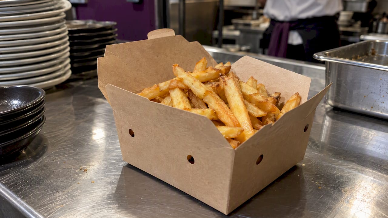 Pommes in einer Papierbox mit Lüftungsöffnungen